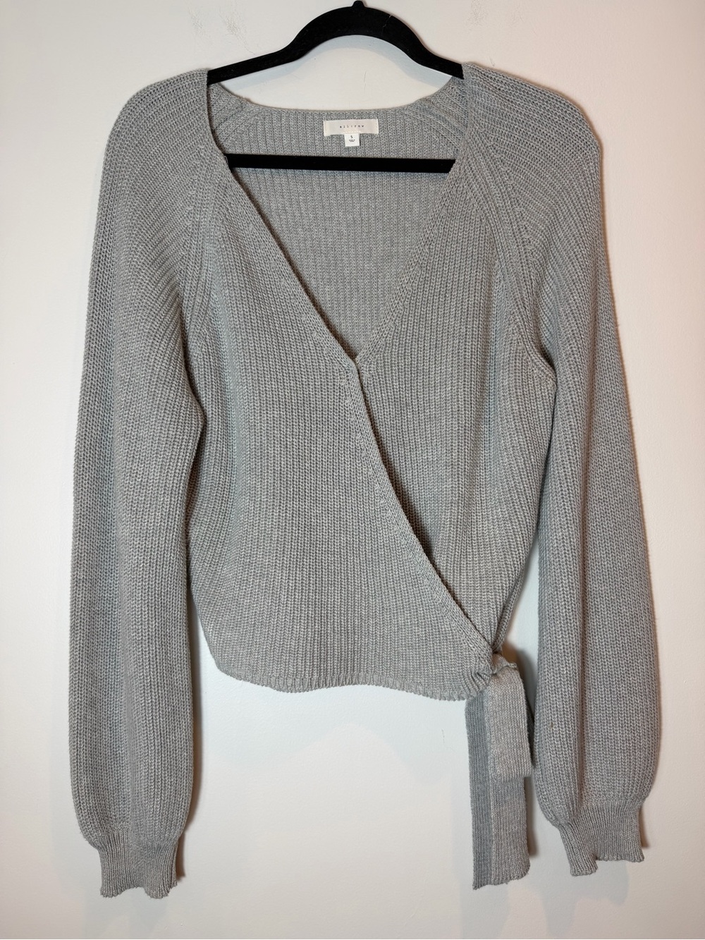 all:row Heather Gray Balloon Sleeve Ribbed Wrap Cardigan 100% Cotton Size Small